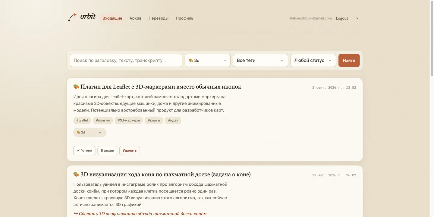 Orbit dashboard: notes filtered by the 3D category